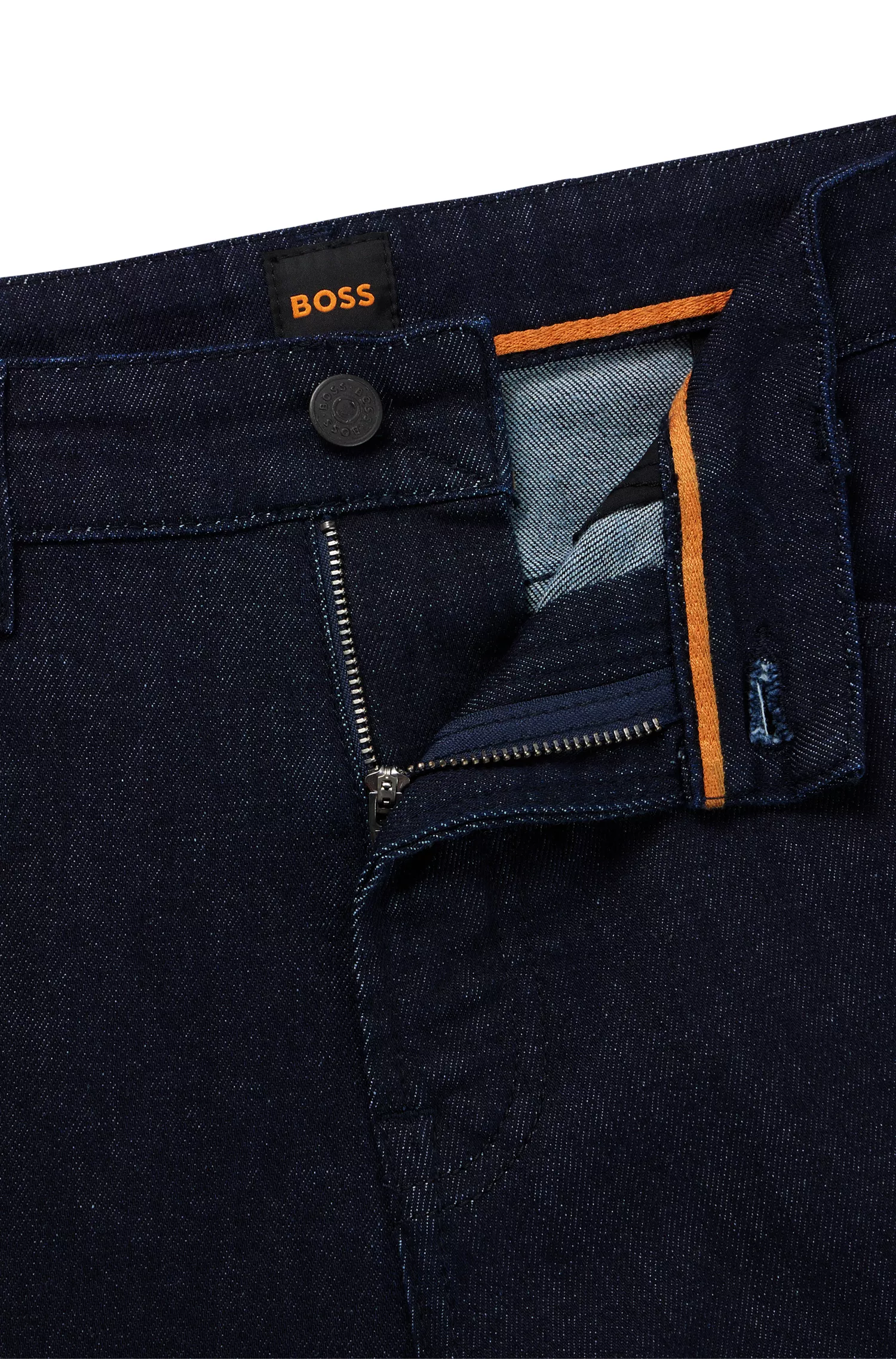 Calça jeans BOSS laranja, corte regular, em denim índigo profundo com elasticidade confortável.