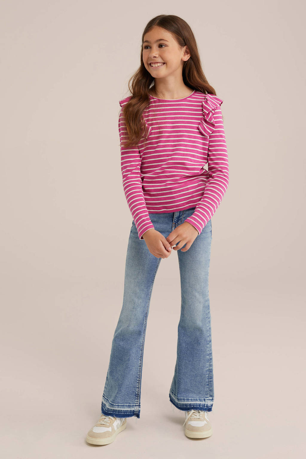 WE Fashion gestreepte longsleeve roze/wit