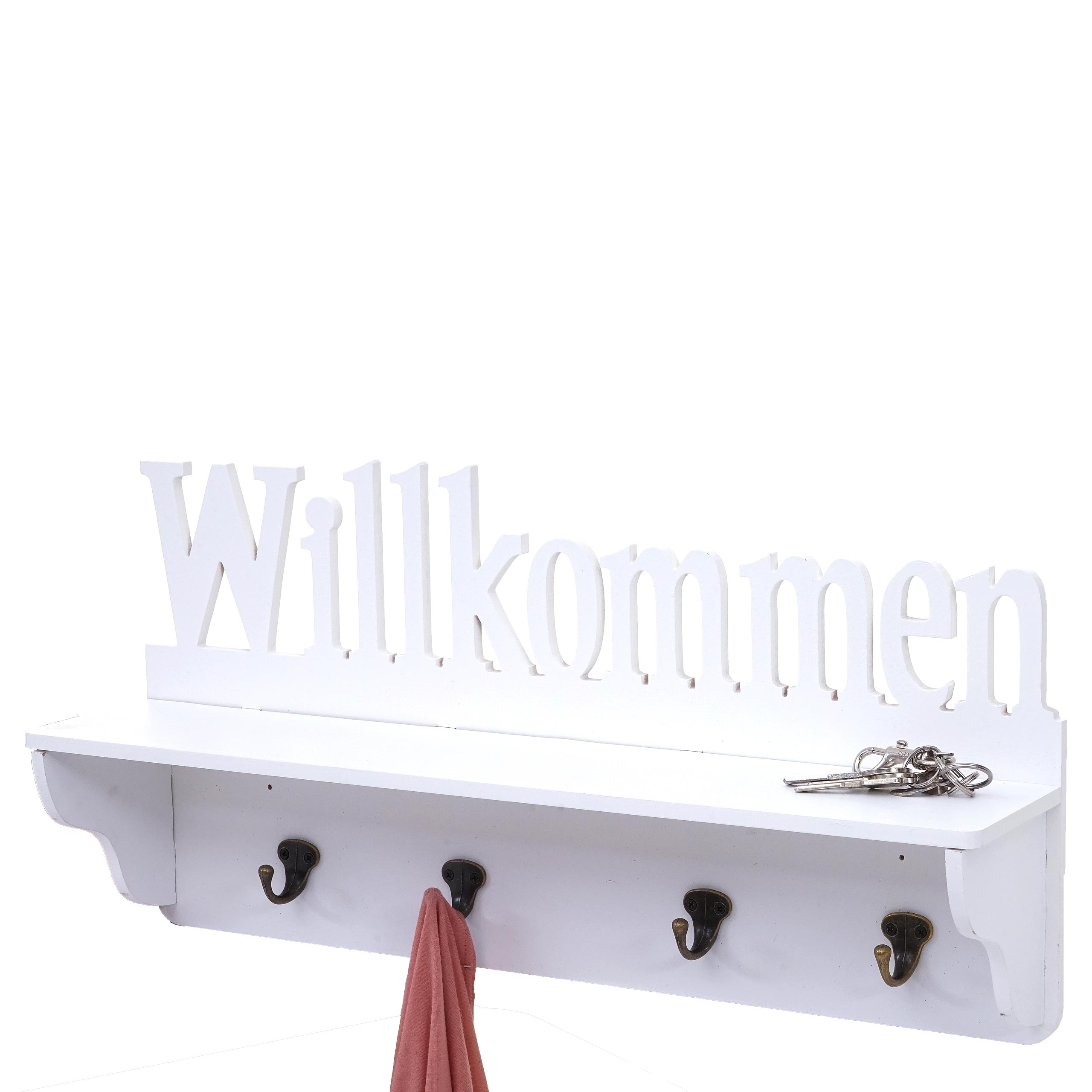 Wandgarderobe MCW-D41 Willkommen, Garderobe Regal, 4 Haken massiv 30x60x13cm ~ weiß