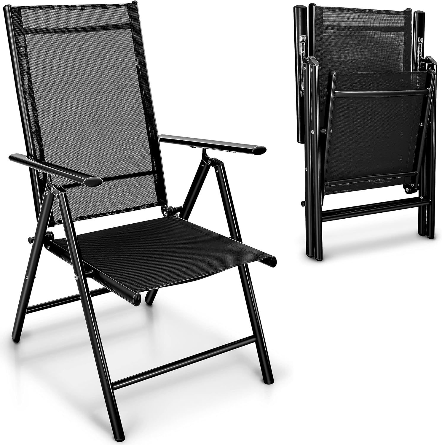 tillvex Gartenstuhl 4 Stück klappbar aus Aluminium | Hochlehner mit Armlehnen | Klappstuhl verstellbar | Klappsessel Balkon Garten Terrasse (Schwarz)