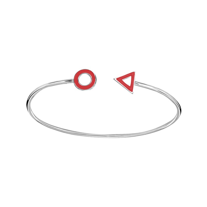Bracelet motif triange et rond en argent rhodié et émail rouge