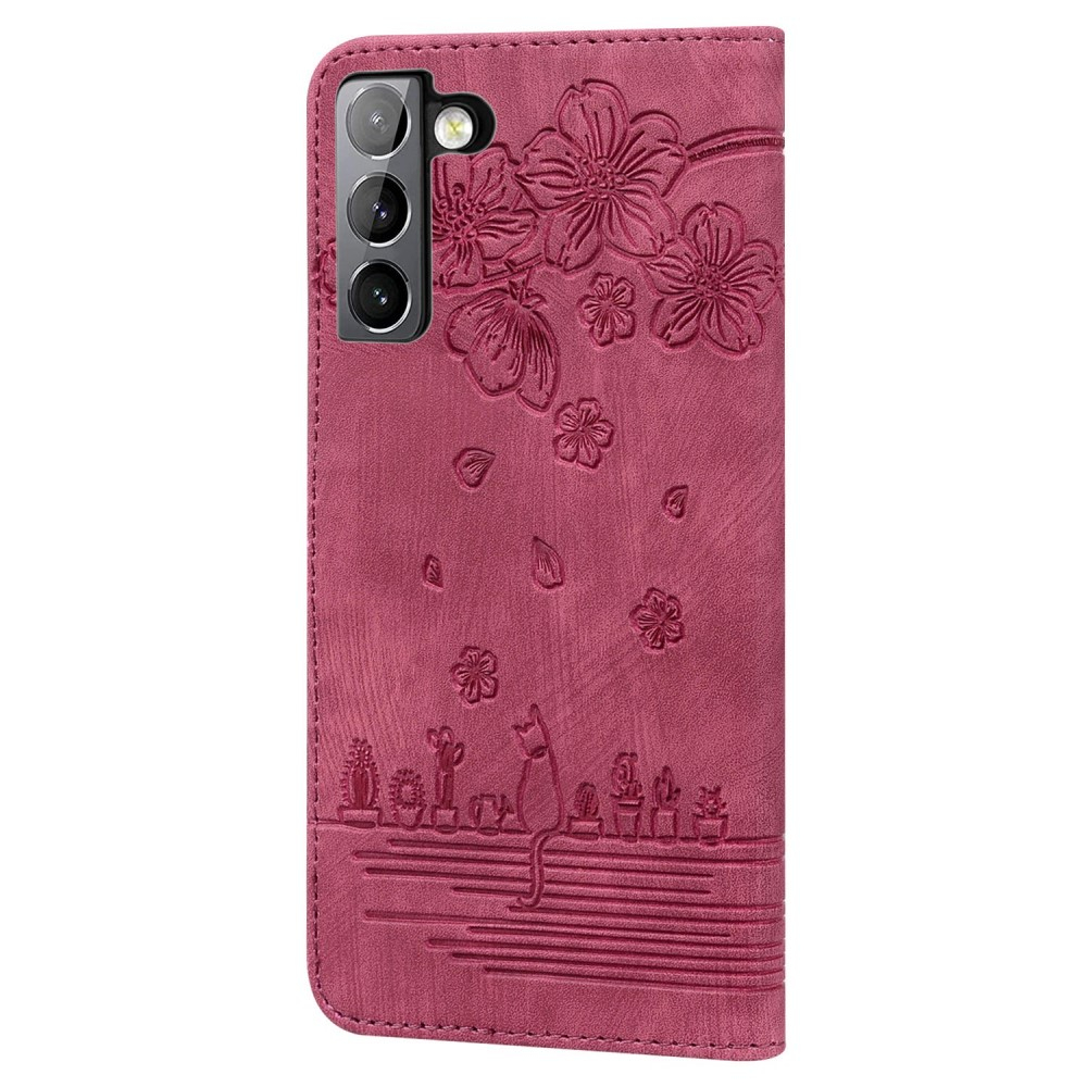 Samsung Galaxy S22 5G Leder Tasche Flip Cover Katze & Blumen Imprint - Rot