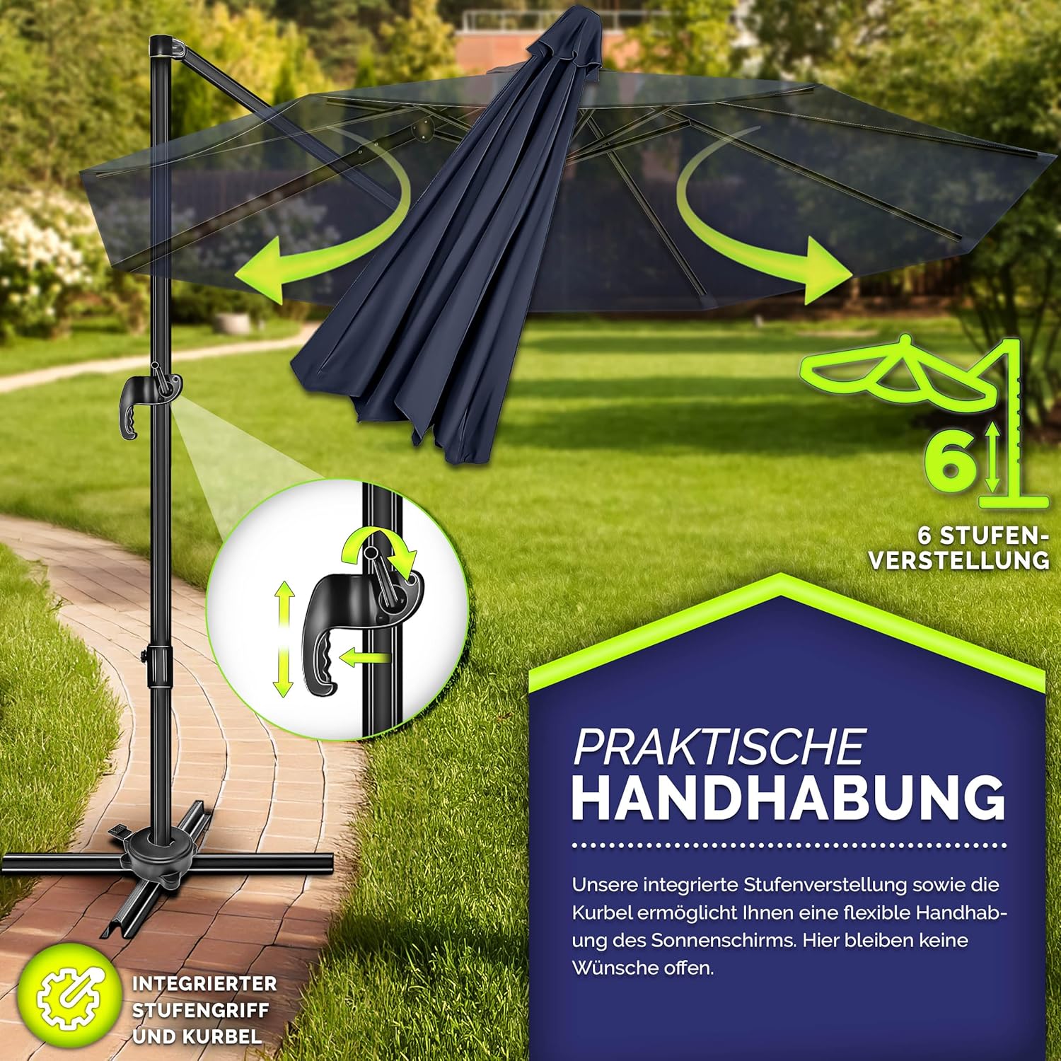 tillvex® Premium Alu Sonnenschirm 330 cm + Abdeckung & Windsicherung | Ampelschirm 6-Fach verstellbar mit Kurbel | Gartenschirm 360° Drehbar Neigbar Kippbar | UV50+ wasserdicht