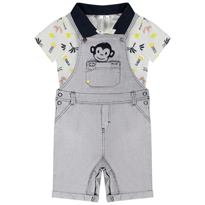 Ensemble polo et salopette avec broderie singe pour bébé garçon - Blanc
