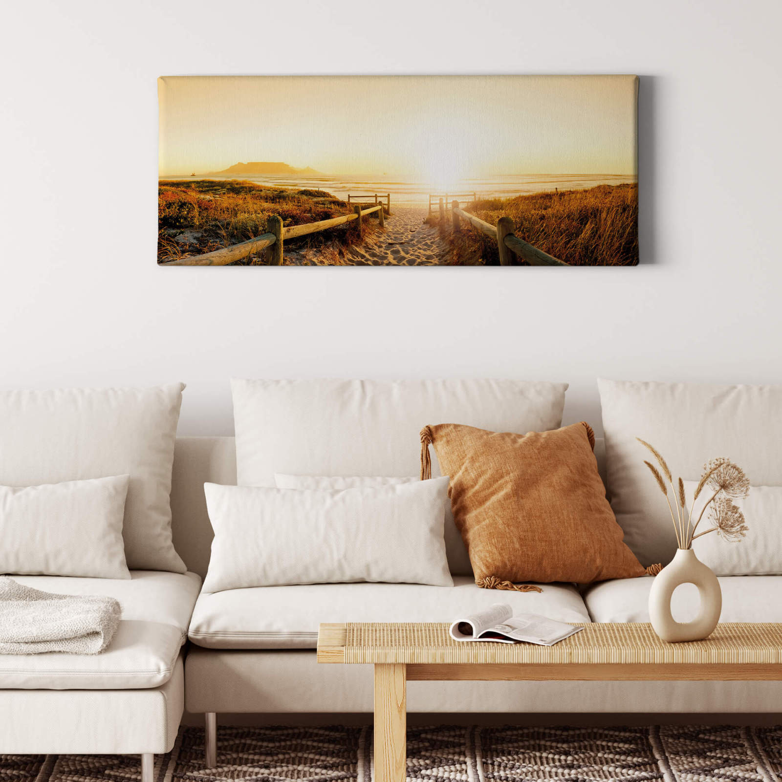 Leinwandbild SONNENUNTERGANG AM STRAND - grün-gelb - 100x40 cm