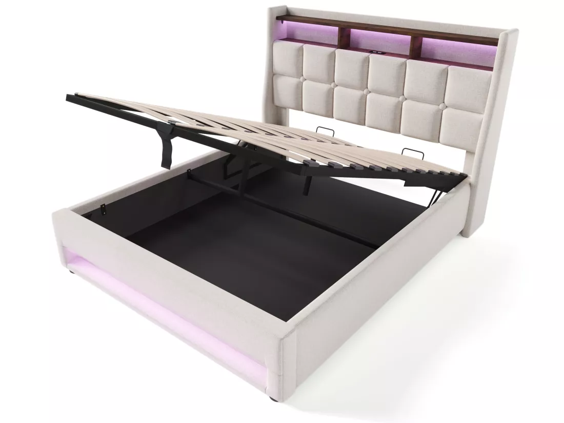 Lit coffre en lin 180x200cm avec LED et ports USB - sommier à lattes - beige