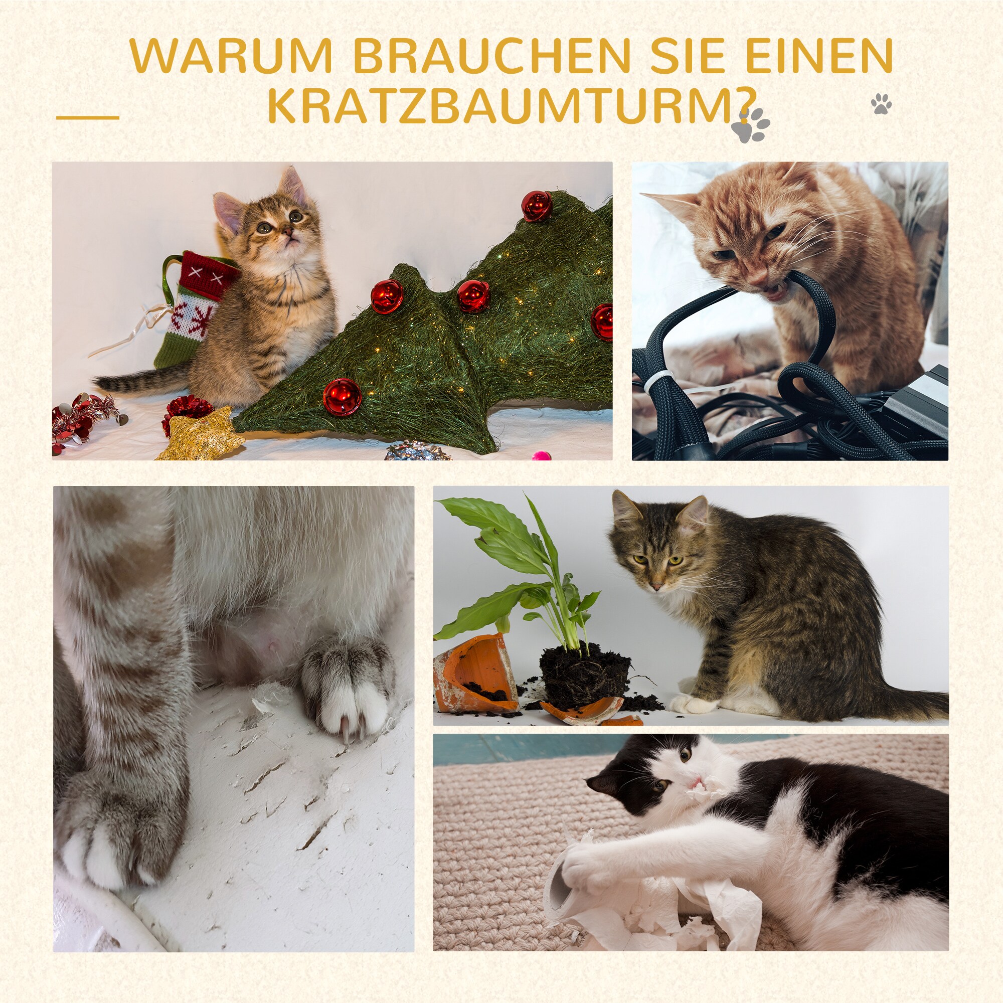 PawHut Katzenbaum mit Sisalsäulen cremeweiß, kaffeebraun 65 x 50 x 153 cm (LxBxH)