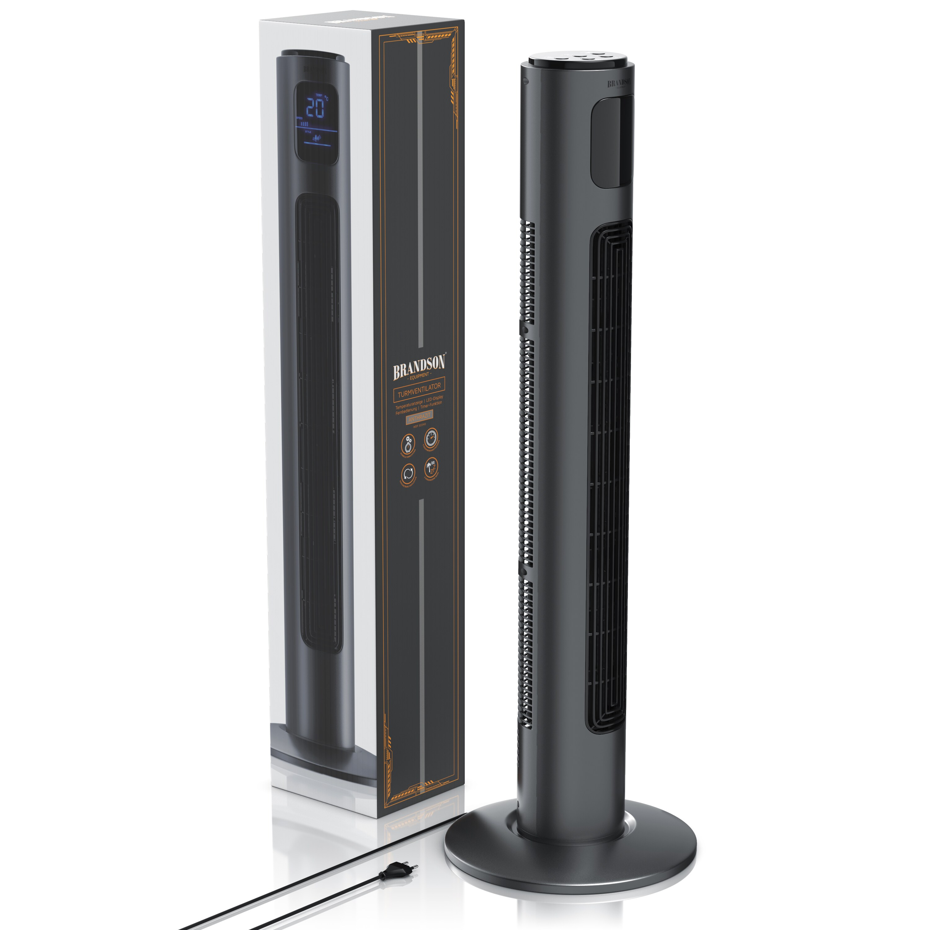 Brandson Turmventilator mit Fernbedienung 96 cm, Säulenventilator leise, Standventilator mit Oszilation 60°, 3 Geschwindigkeiten 4 Lüftungsmodi Timer