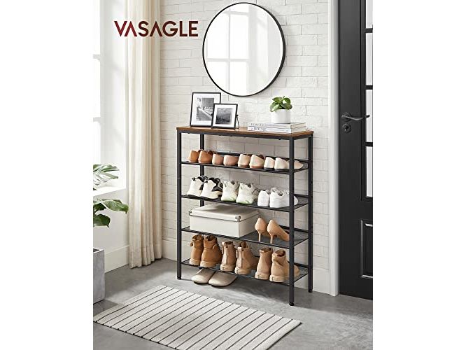 VASAGLE Schuhregal mit 5 Ablagen 75 x 93, Braun/Schwarz Schuhgestell
