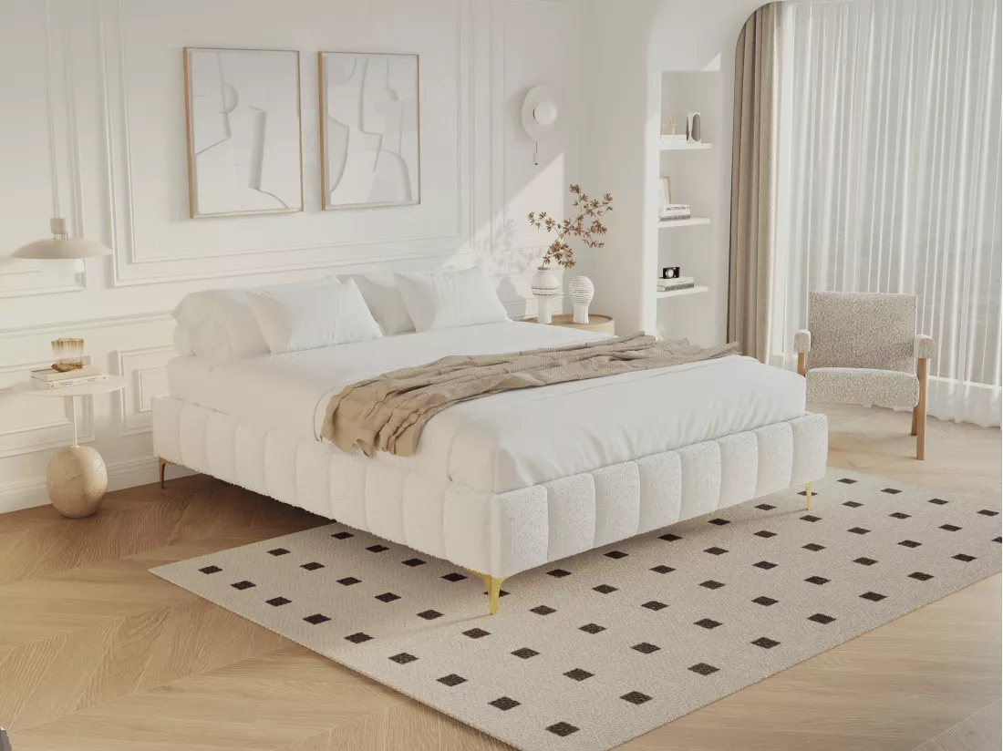 Sommier déco tapissier 160 x 200 cm tissu bouclette et pieds dorés - SHEN de YSMÉE