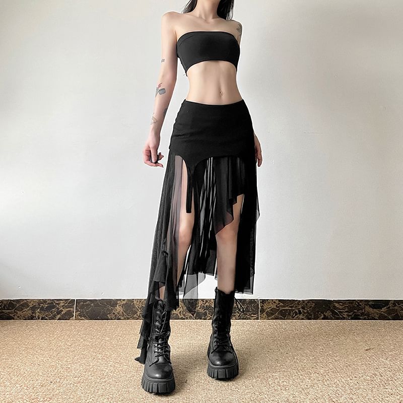 Sugarcoat - A-lijn rok met effen, asymmetrische panelen en mesh, middelhoge taille