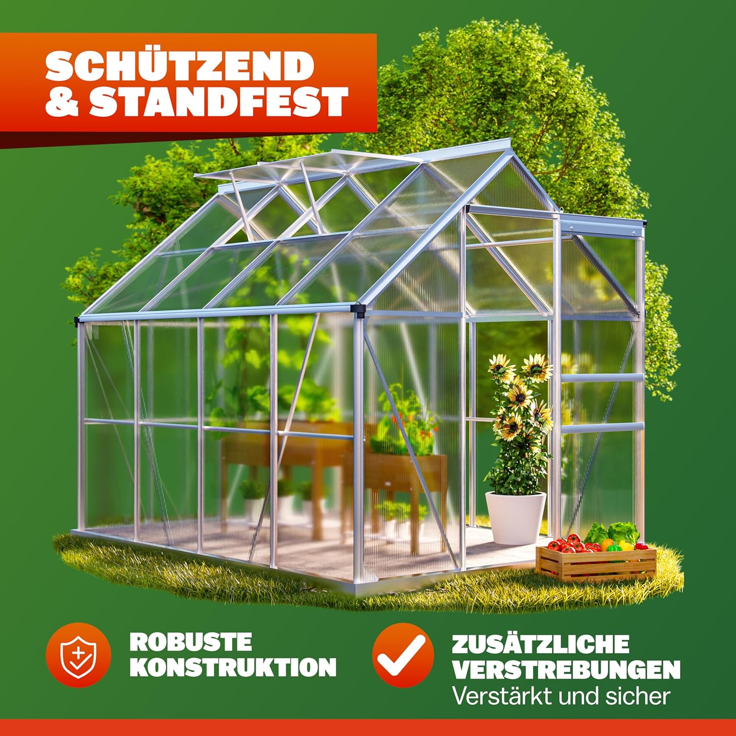 GARDEBRUK® Gewächshaus Aluminium 4,8m² 250x190cm inkl. 2 Dachfenster Tomatenhaus Treibhaus Anzuchthaus Garten Frühbeet Pflanzenhaus Aufzucht 7,63m³
