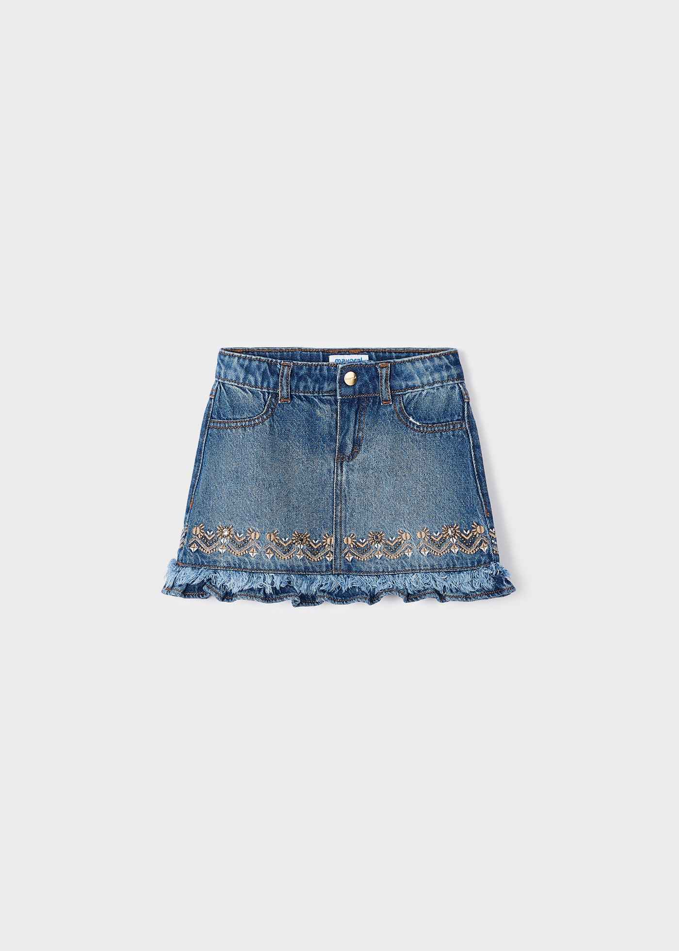 Saia jeans com bordado em algodão para meninas
