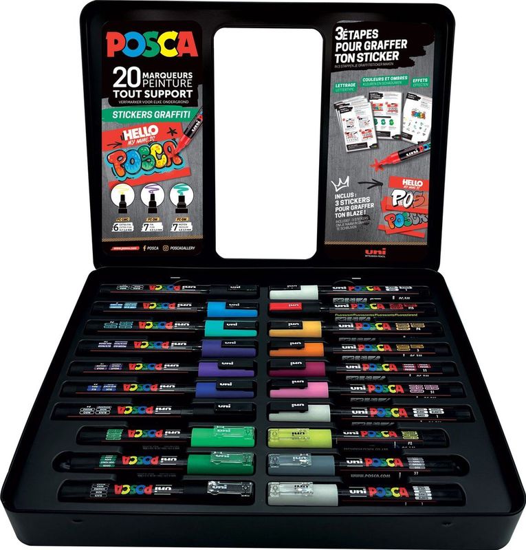 Posca - Sticker Graffiti - Verfstift Set - Assorti - 20 Stuks - Metalen Koffer