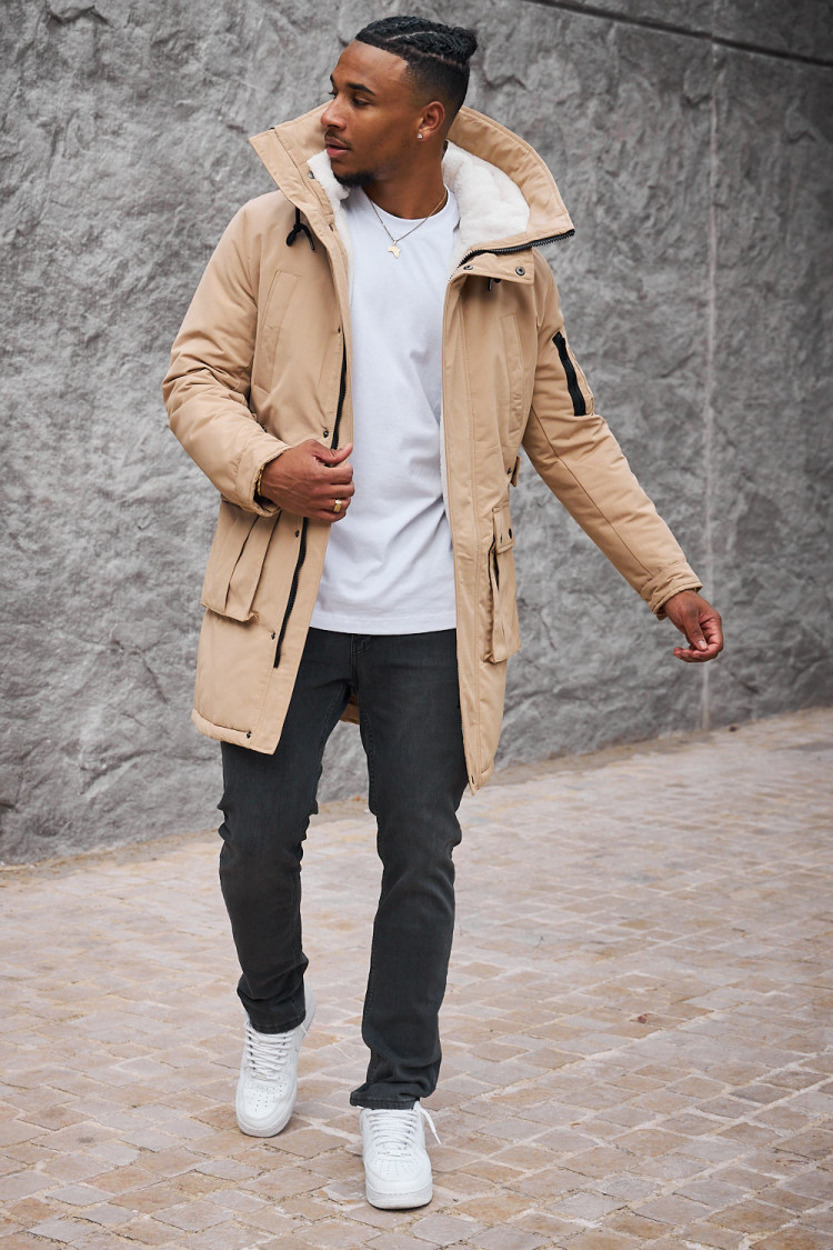 Parka beige à capuche longue à poches