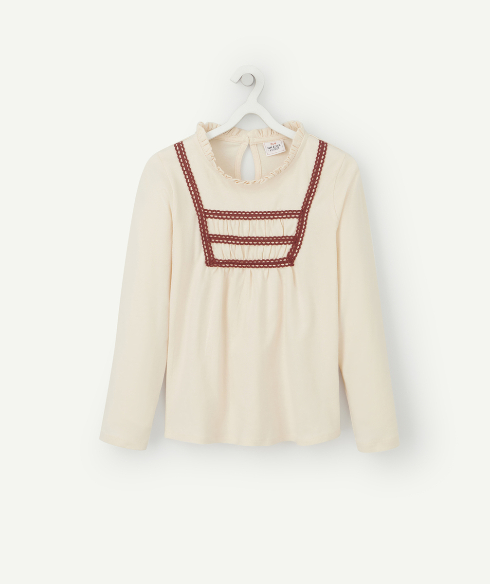 T-SHIRT FILLE EN COTON ÉCRU AVEC DÉTAILS BRODÉS