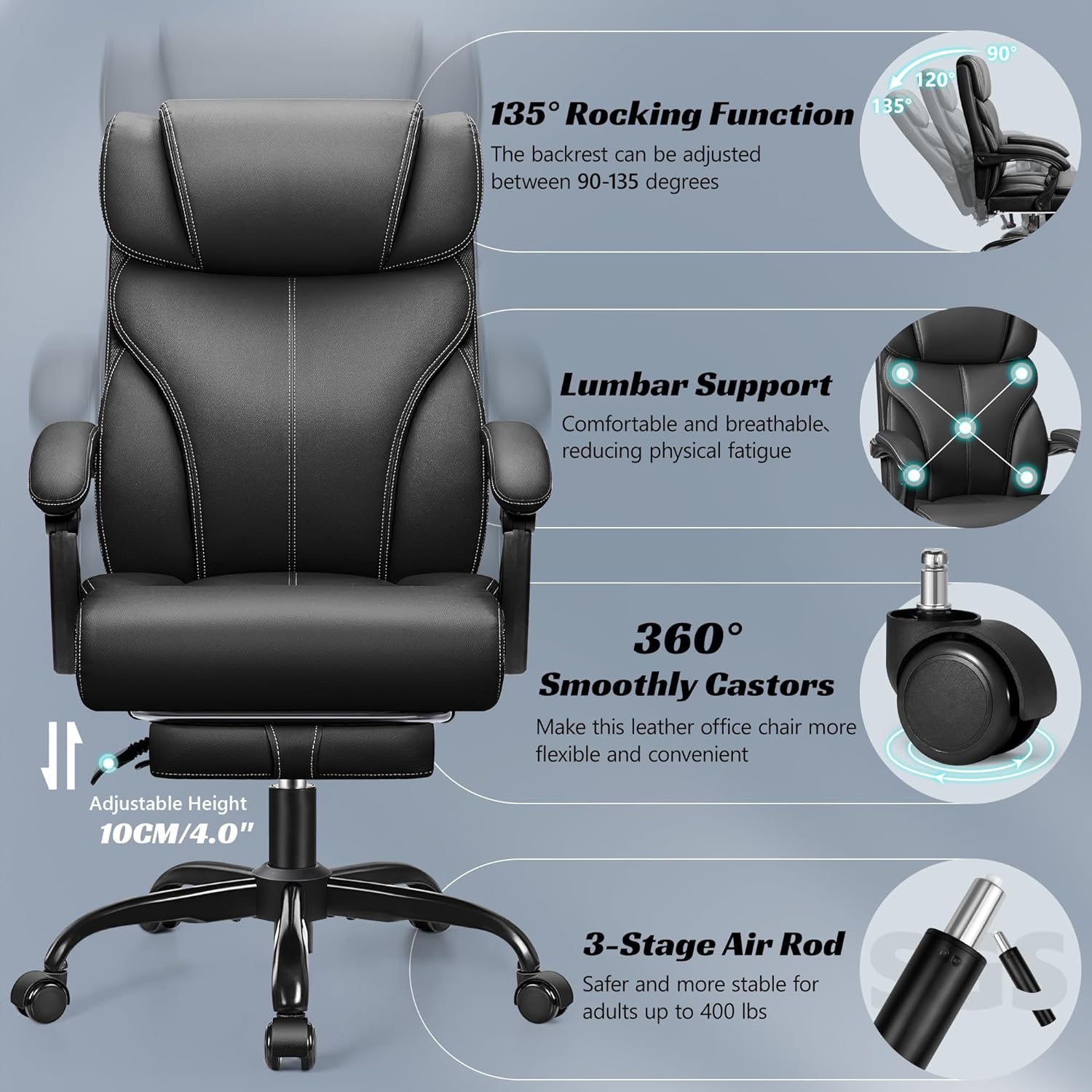 FelixKing Bürostuhl, Leder Chefsessel Ergonomischer, komfortabler drehbarer Bürostuhl mit Verstellbarer hoher Rückenlehne, geeignet für Heimspiele(Matte Black)