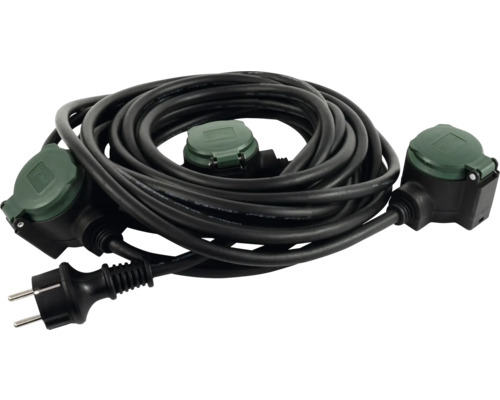 Rubberen verlengkabel, 3-voudig met afdekking, Supraflex IP44, 10 m, H07RN-F3G1.5, zwart, geschikt voor buitengebruik, zwart/groen