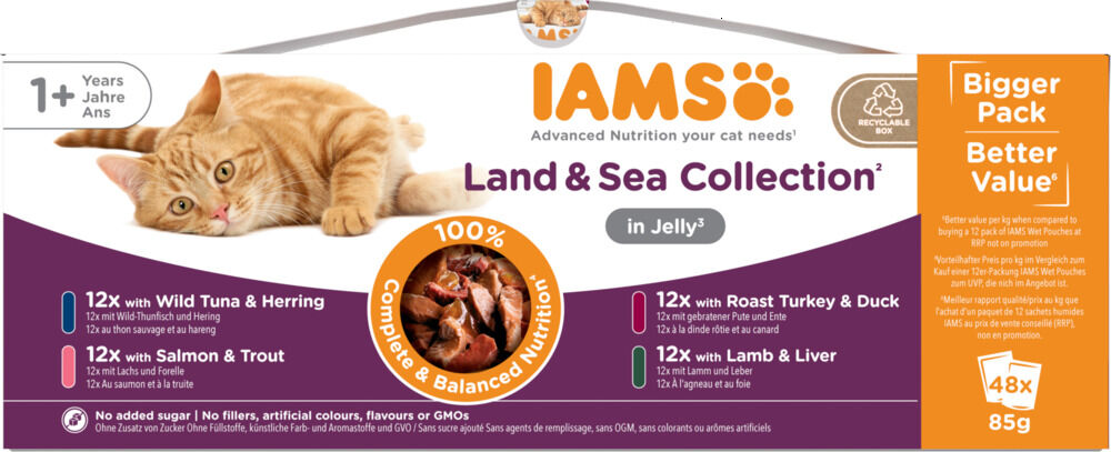 IAMS Delights Adult Land & Sea in Gelei - Kattenvoer - 48x85 gram - 4080 Gram - vis, vlees