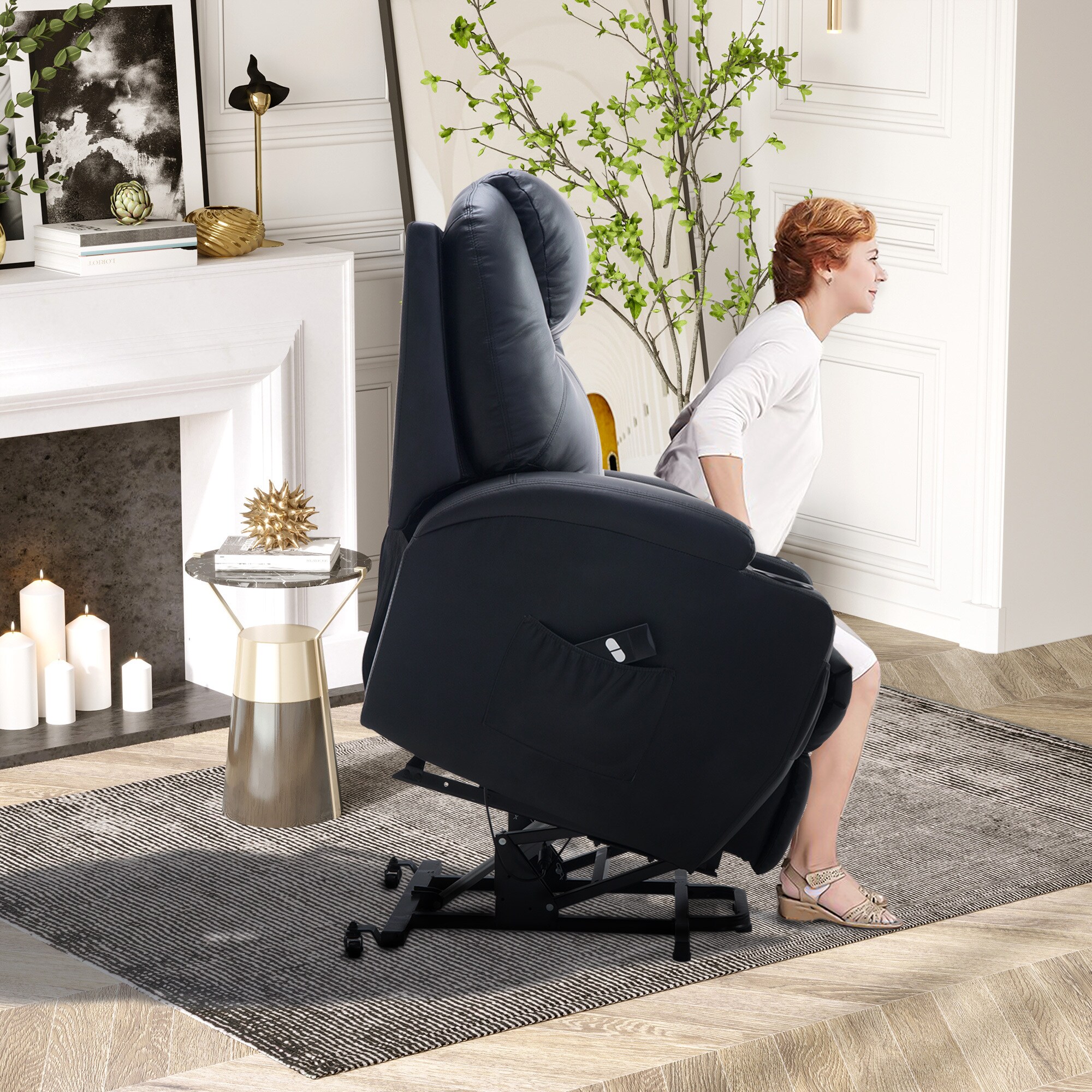 HOMCOM Fernsehsessel 2-in-1-Design, Becherhalter auf beiden Seiten, Sessellift Schwarz 84 x 92 x 109 cm (BxTxH)
