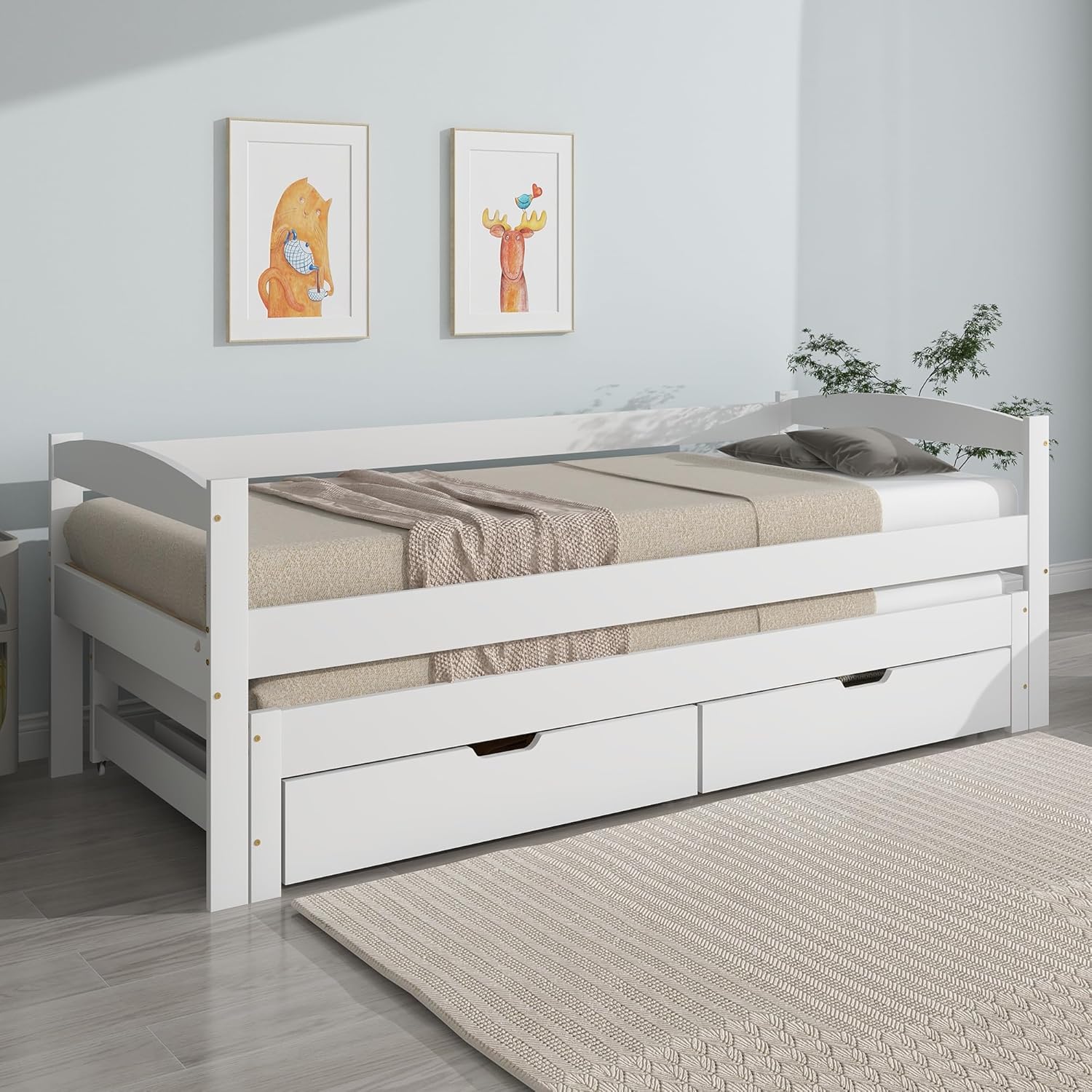 Kinderbett 90x200, Tagesbett mit Ausziehbett und 2 Schubladen, Sofabett Gästebett Schlafsofa Bett mit Lattenrost,Einzelbett/Doppelbett Jugendbett Funktionsbett Bettgestell aus Holz,ohne Matratze,Weiß