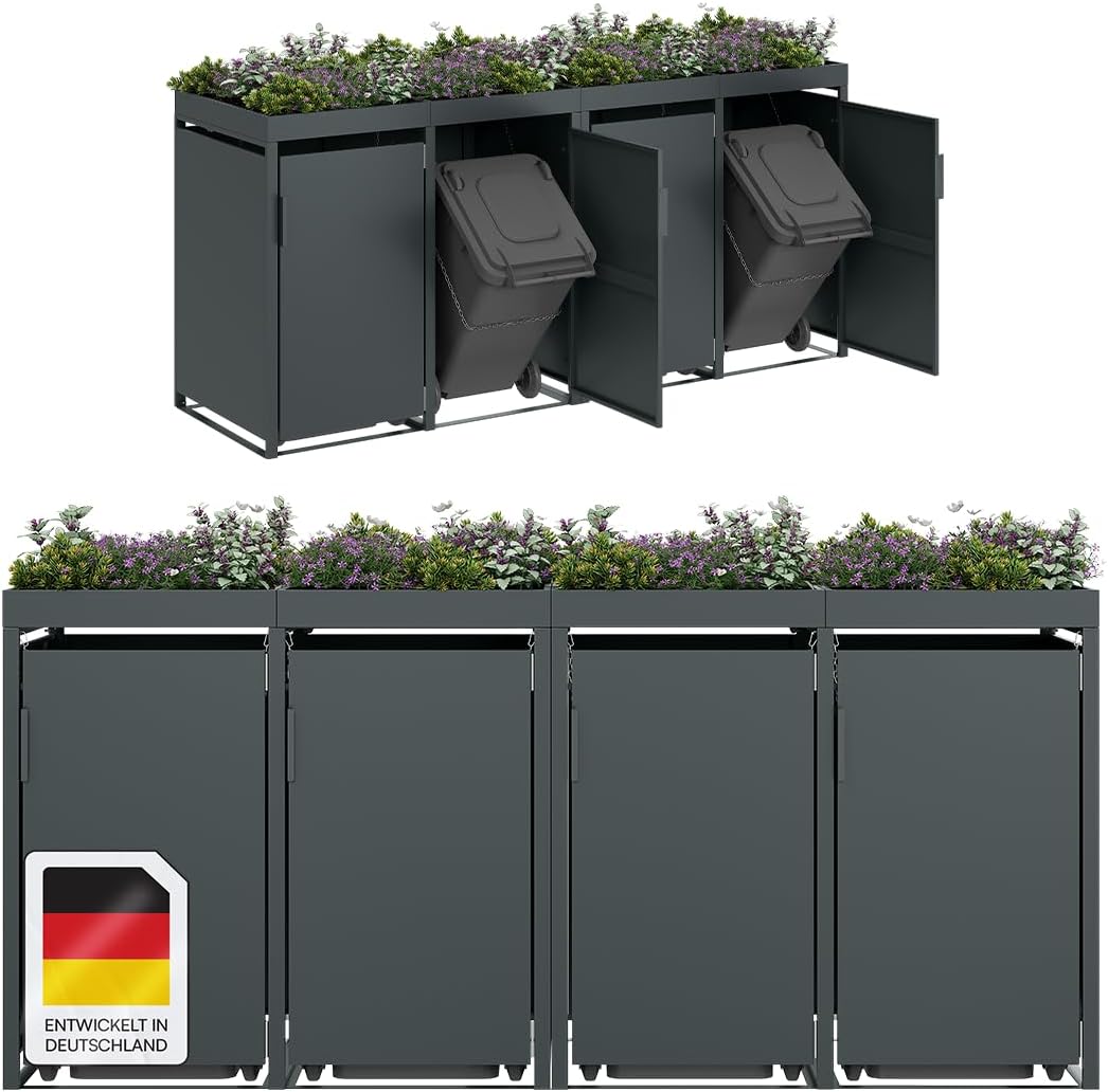 STEELSØN Thoria Mülltonnenbox 4er bis 240L mit Pflanzendach – Mülltonnenverkleidung aus Stahl für 4 Tonnen – Müllcontainer in Anthrazit – Müllbox mit Pflanzenkasten – Gerätebox 125x80x268 cm (HxTxB)