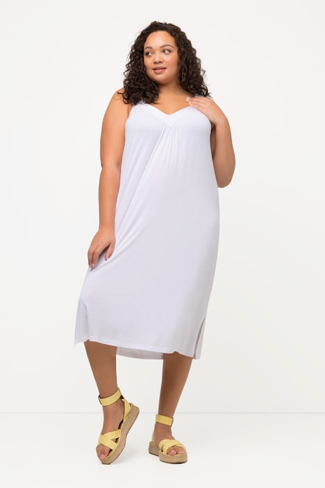 Kleid, Kräuselung, A-Linie, Midilänge, V-Ausschnitt, ärmellos