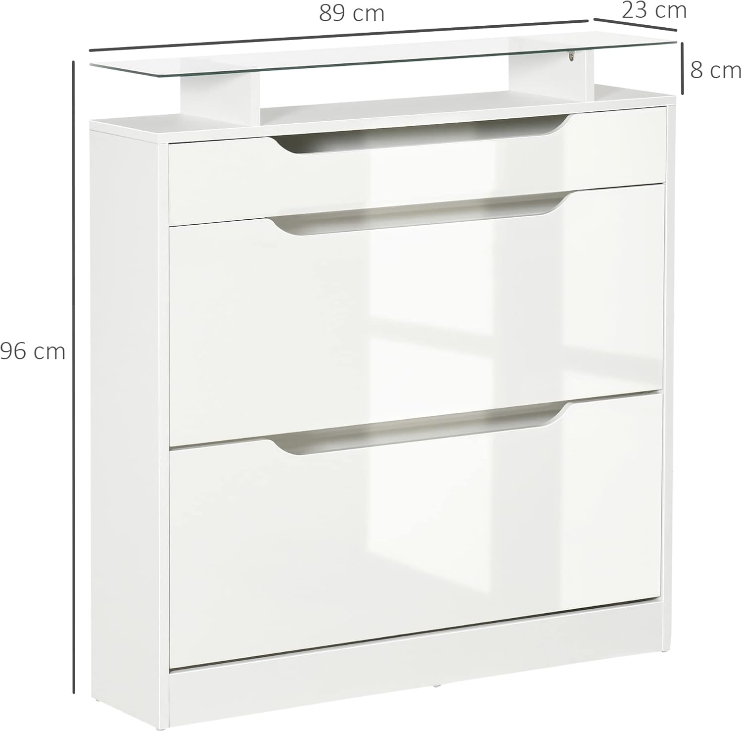 HOMCOM Armoire à Chaussures avec 2 tiroirs rabattables + 1 tiroir Coulissant + 1 comptoir et 1 Plateau en Verre étagère réglable sur 2 Niveaux 89 x 23 x 96 cm Blanc RU5141001
