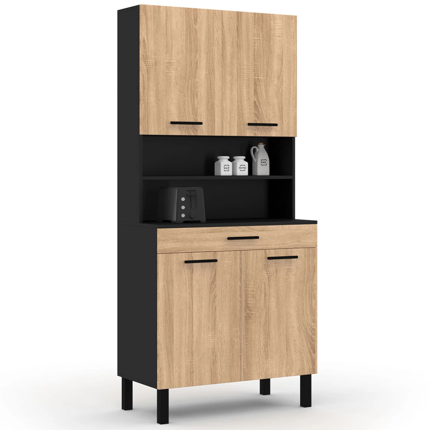 Buffet de cuisine 80 CM CINA 4 portes + tiroir noir et façon hêtre