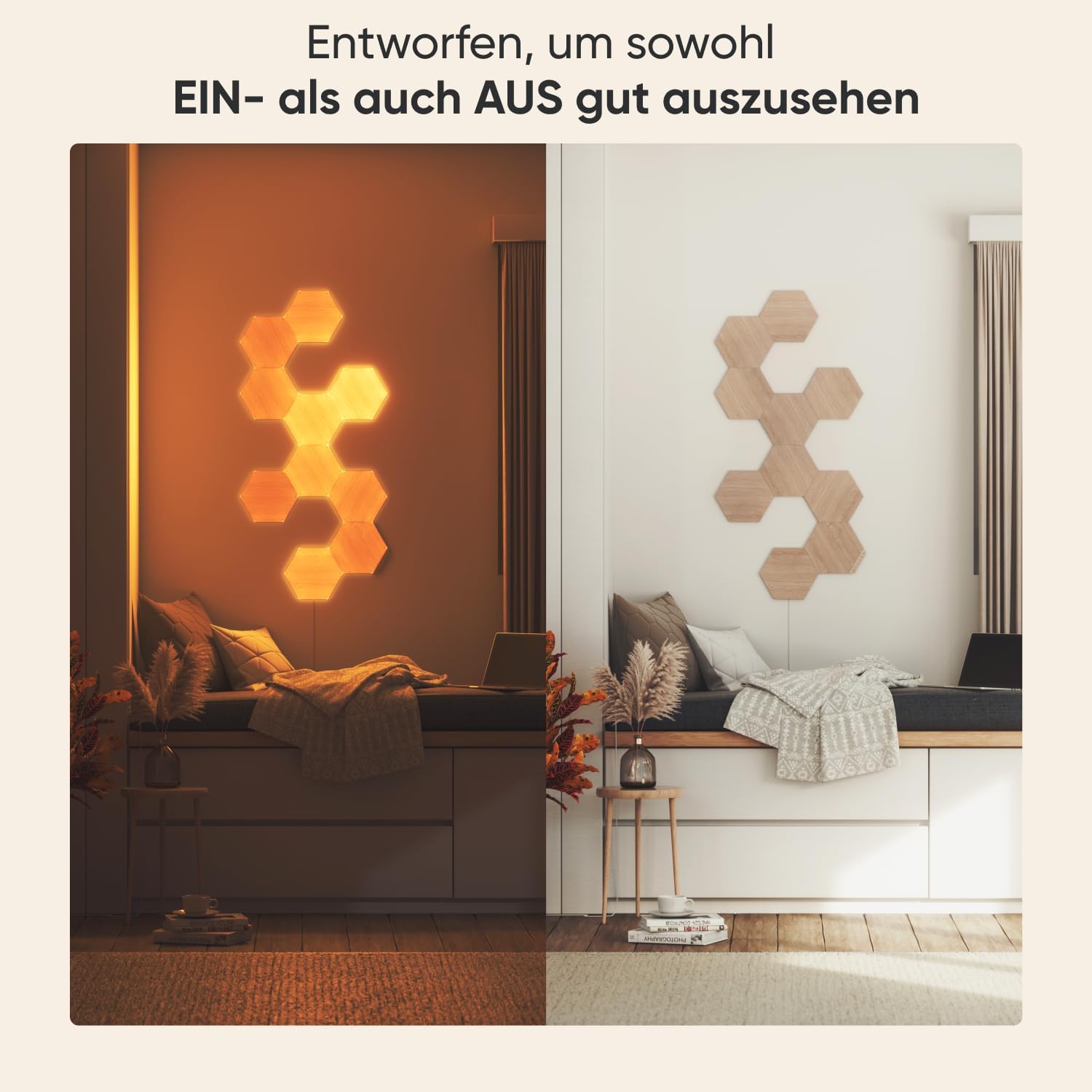 Nanoleaf Elements Hexagon Starter Kit, 7 Smarten Holzoptik LED Panels - Modulare Dimmbare WLAN Wandleuchte Innen, Musik Sync, Deko Wohnzimmer Schlafzimmer Büro
