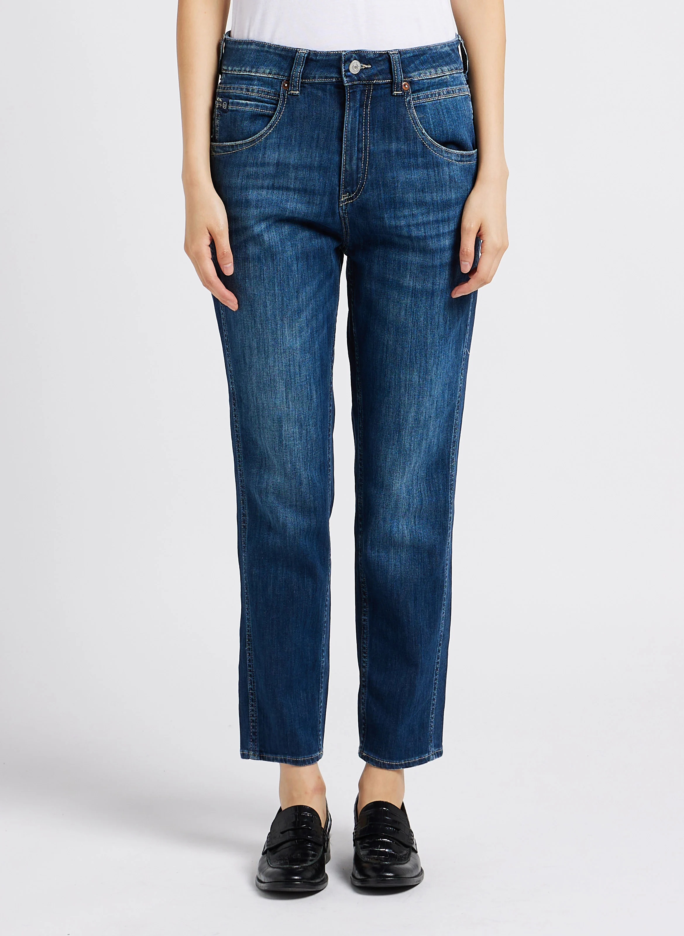 Jean girlfriend taille haute en coton mélangé | Bleu