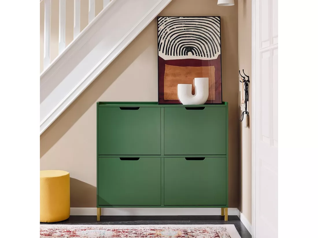 SoBuy Meuble Chaussure, Rangement Chaussure, Meuble d'Entrée, Armoire à Chaussures, Meuble de Rangement, Commode à 4 Abattants, Coffre Rangement, Pieds en Fer, Vert, L100xP19xH90cm, FSR100-SY