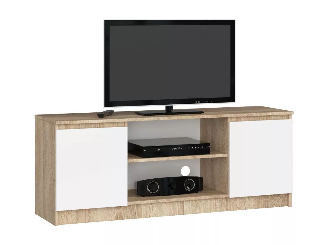 Meuble TV pour salon AKORD Chêne Sonoma 140 cm 2 portes façade Blanche 2 étagères 140x40x55 cm