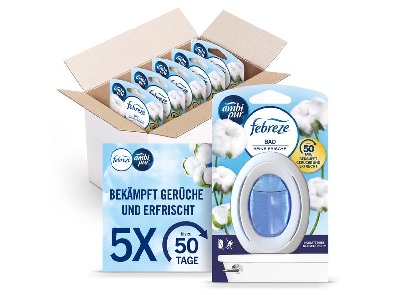 Febreze Bad Lufterfrischer Reine Frische 5 Stück Praktischer Aufsteller für kontinuierliche Geruchsbekämpfung