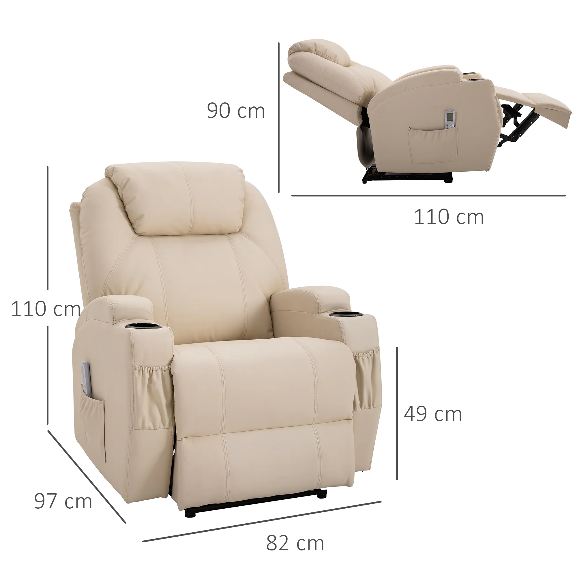 HOMCOM Massagesessel mit Liegefunktion 82B x 97T x 110H cm