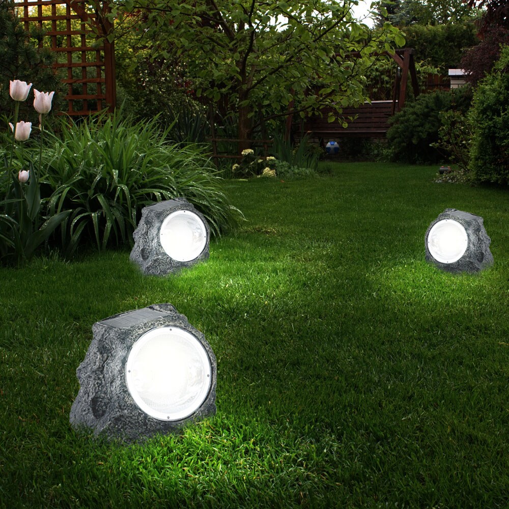 3er Set LED Solarleuchte, Stein, grau, H 10,5 cm