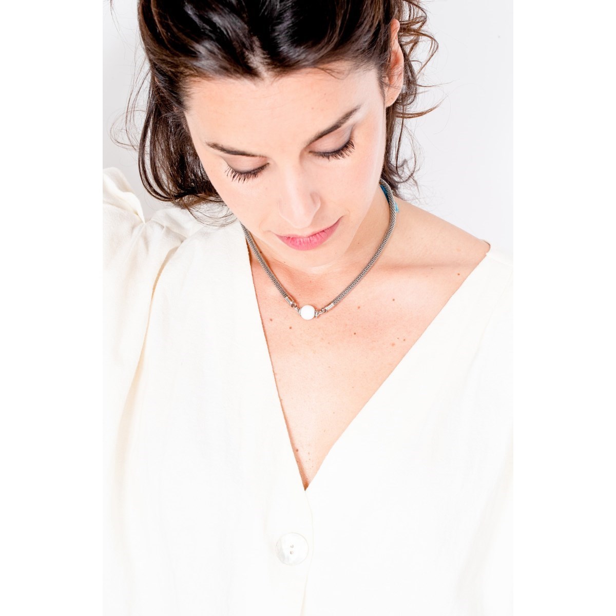 Collier mono-motif en Acier 316L et céramique - blanc brillant