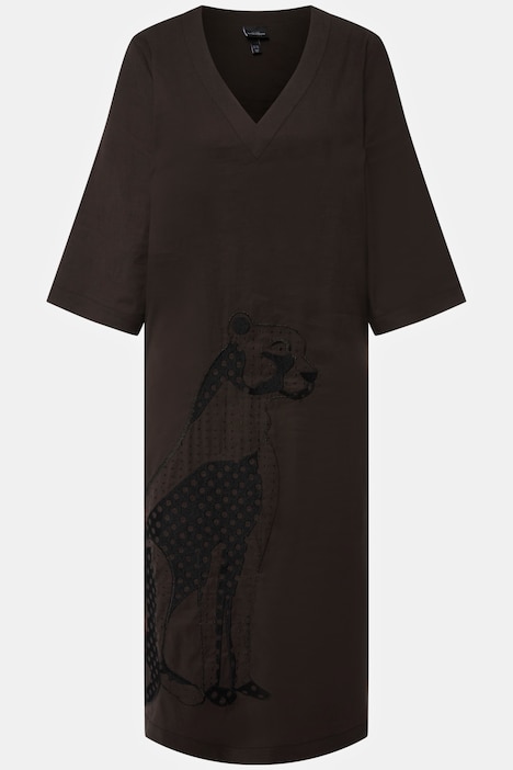 Midikleid, Leinenmix, Stickerei, V-Ausschnitt, 3/4-Arm