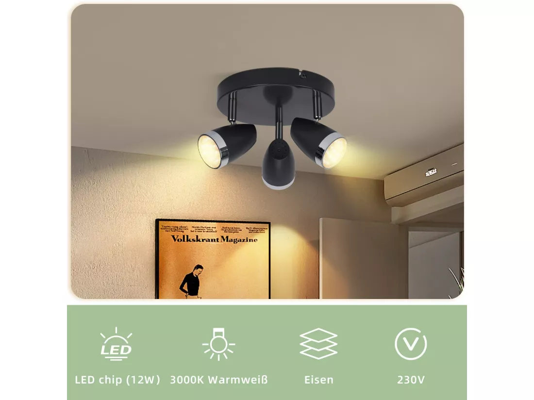 NETTLIFE Spot de plafond LED 3 ampoules moderne 4W noir 3000K orientable 350°