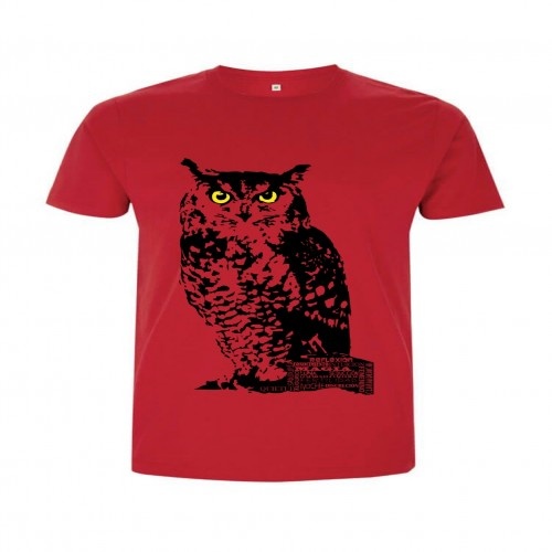Camiseta masculina de algodão de manga curta com estampa de coruja vermelha, símbolo animal.