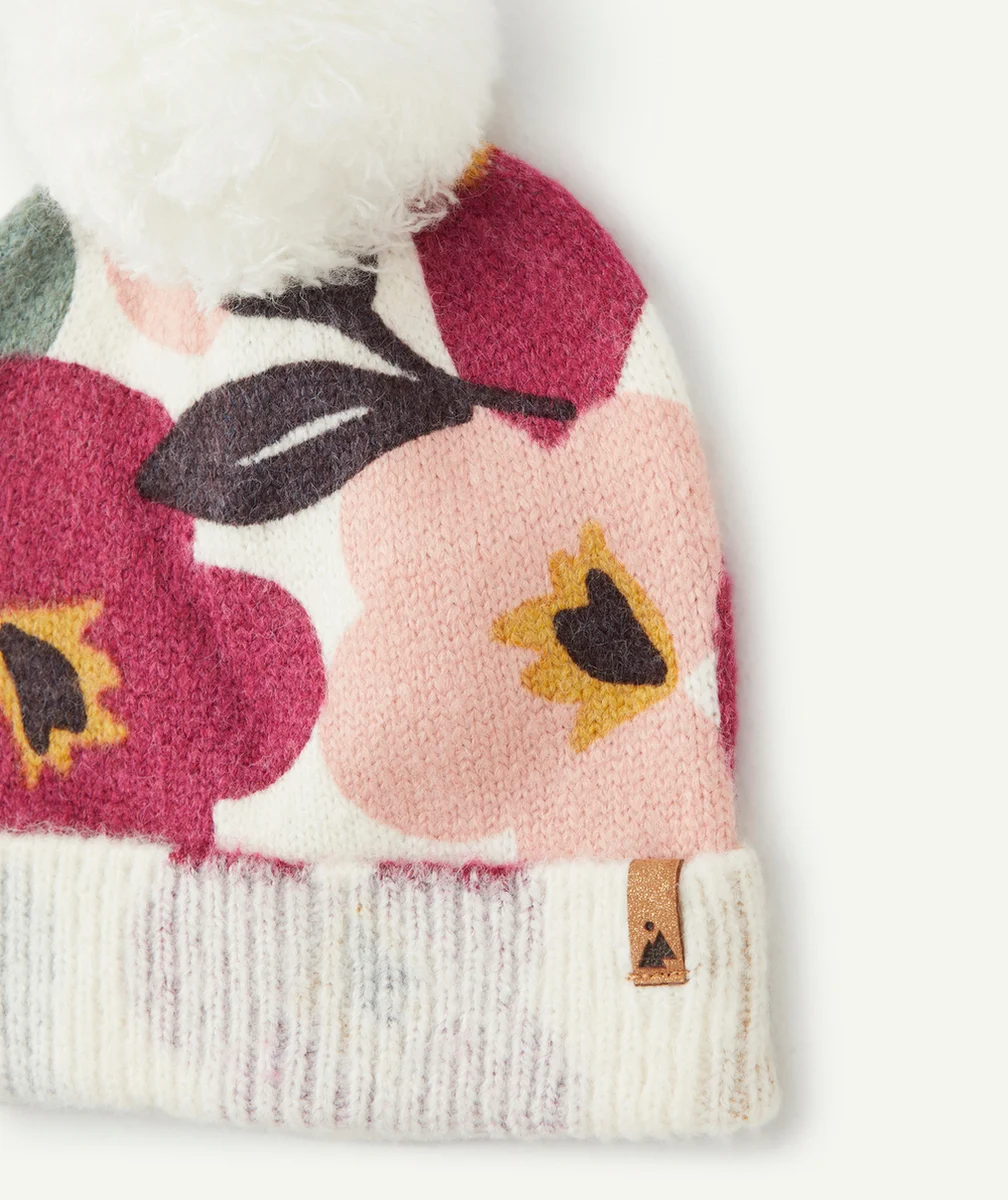 BONNET TRICOT FILLE ÉCRU ET IMPRIMÉ FLORAL AVEC POMPON