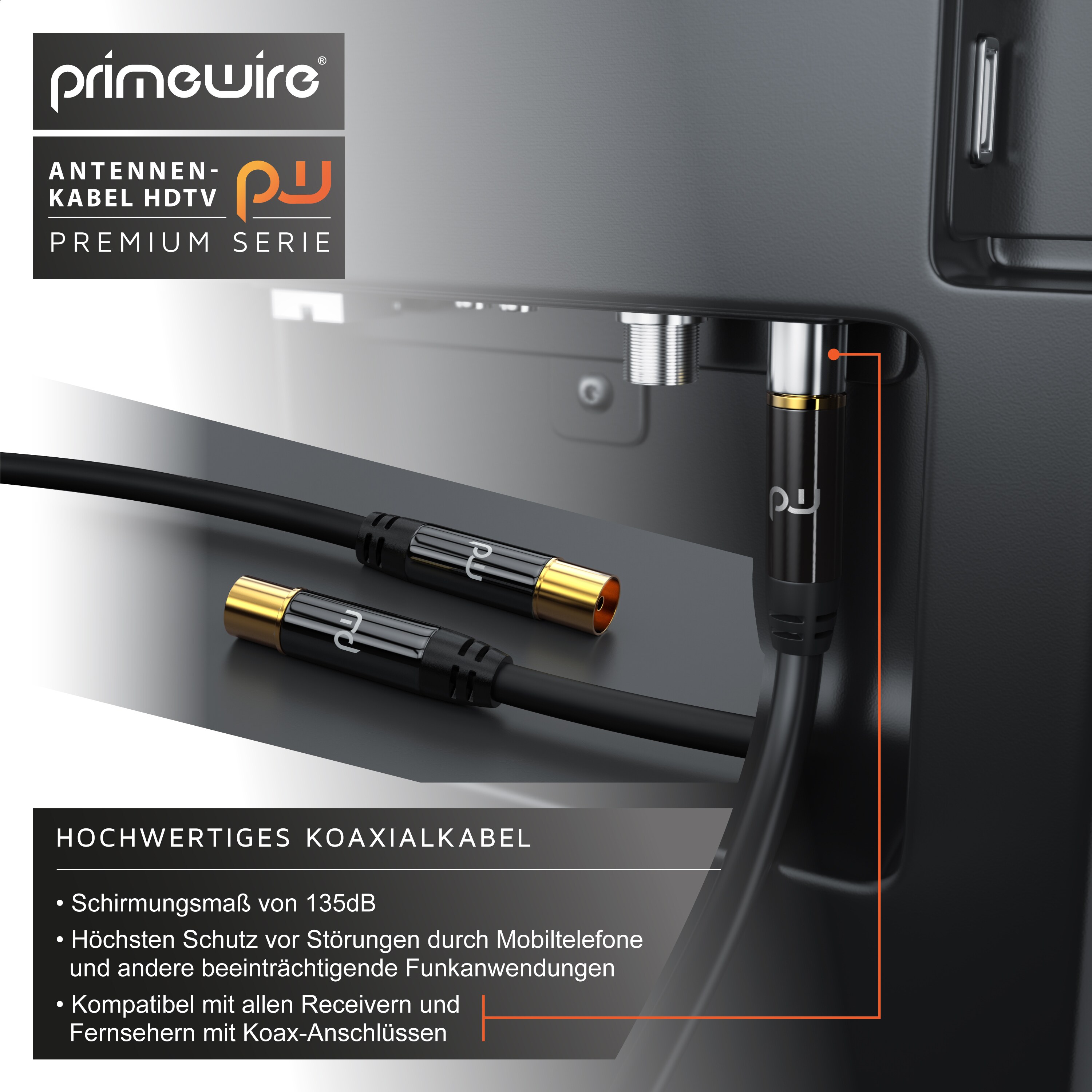 Primewire HDTV Antennenkabel mit 4-fach Schirmung IEC-Stecker zu RF-Buchse / 75 Ohm / 135dB - 15 m