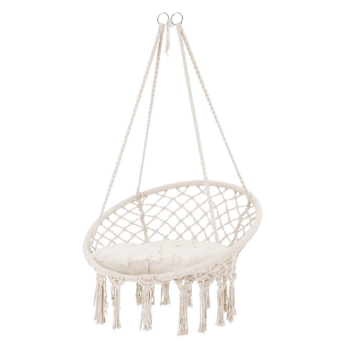 ECD Germany Hangstoel met zitkussen, beige, boho-stijl, macramémotief, katoen, Ø 60 cm, draagvermogen tot 120 kg, hangstoel met gevlochten franjes, hangstoel, hangende schommel, binnen/buiten