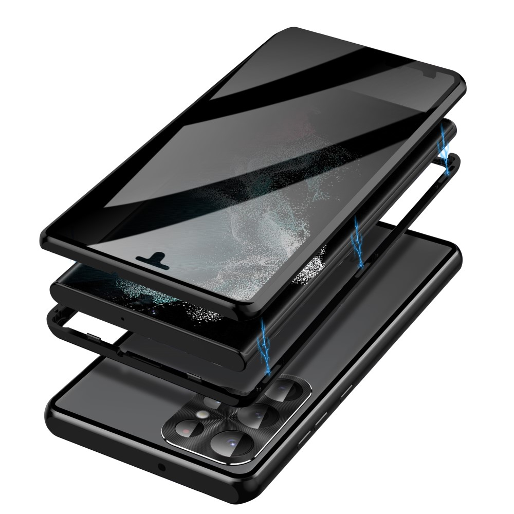 Samsung Galaxy S23 Ultra 5G Magnetische Alu Schutzhülle mit Panzer Glas Backcover   Privacy Display- / Kameraglasschutz (Verschlussmechanismus) - Schwarz