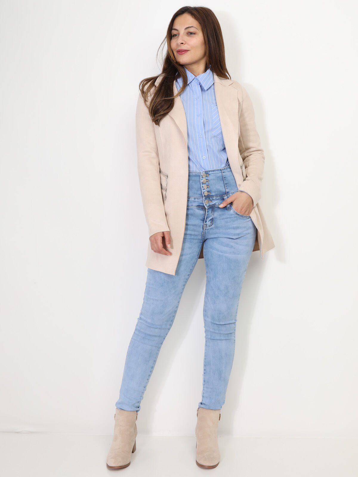 Veste longue en suédine à zips- Beige