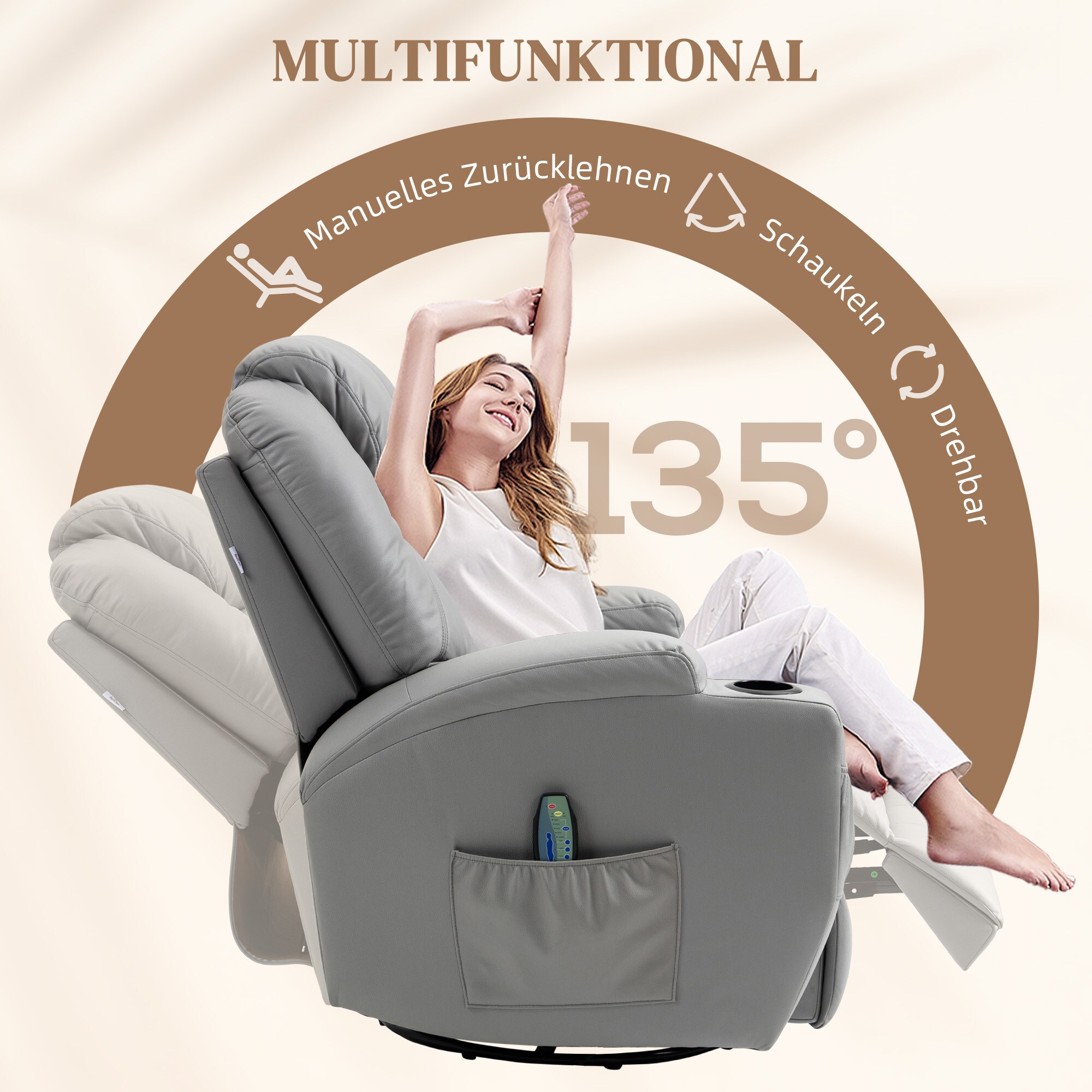 HOMCOM Massagesessel mit Fernbedienung und Getränkehalter grau 89L x 99B x 106H cm