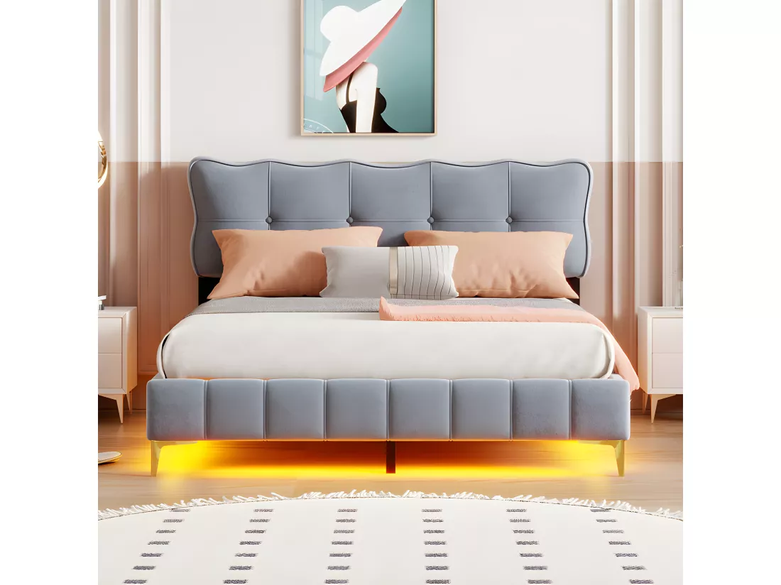 Lit 160x200cm en velours - avec éclairage LED et sommier à lattes - Gris