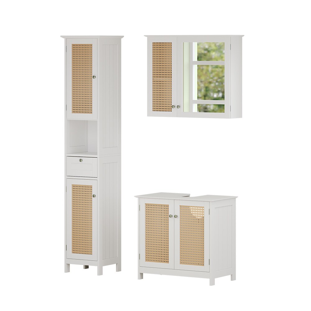 Vicco Badmöbel-Set Rosario, Weiß, moderne Serie, Badezimmer, dekorative Front, Spiegelschrank, Waschtischunterschrank, Hochschrank