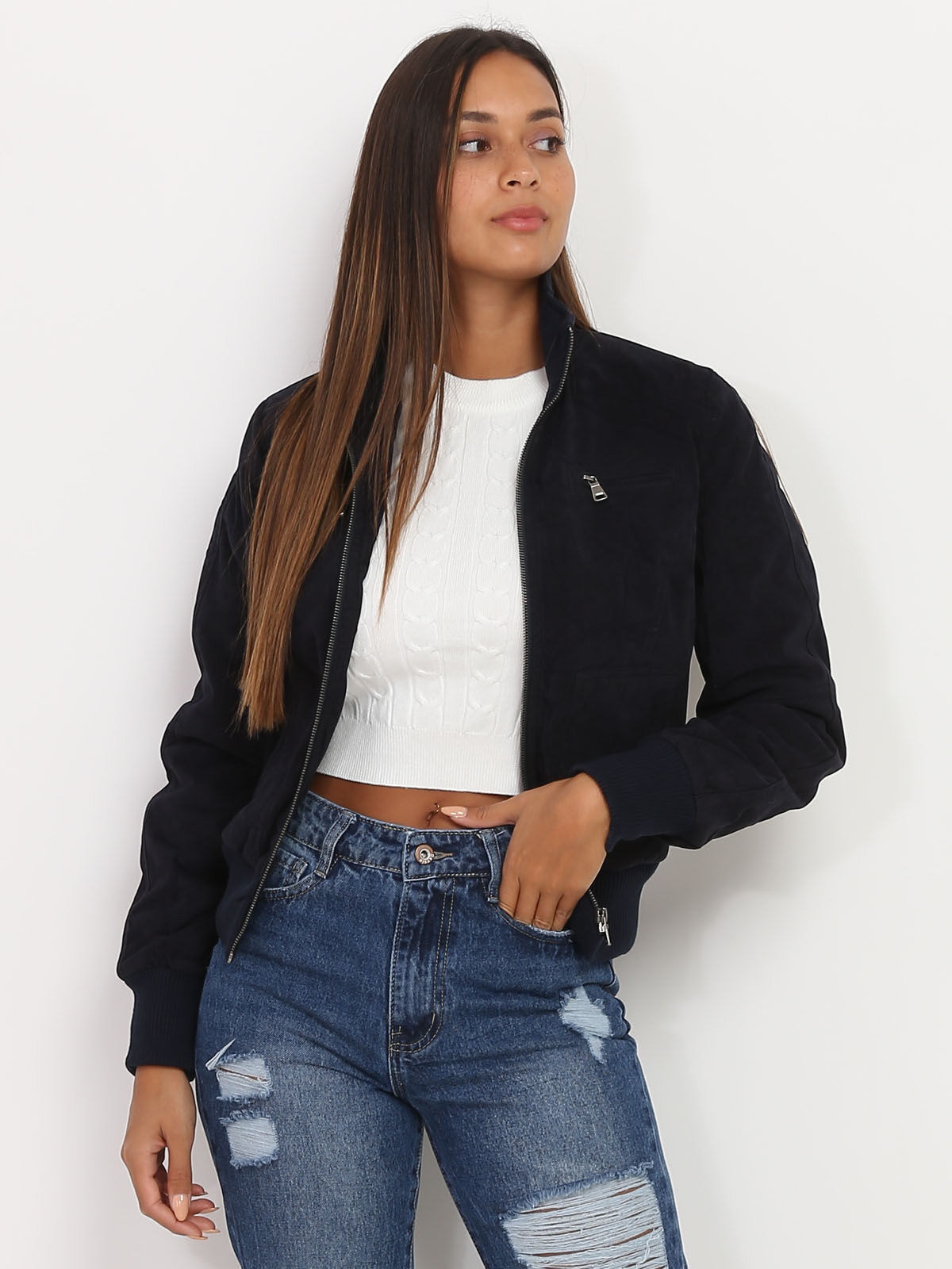 Bomber en suédine- Bleu marine