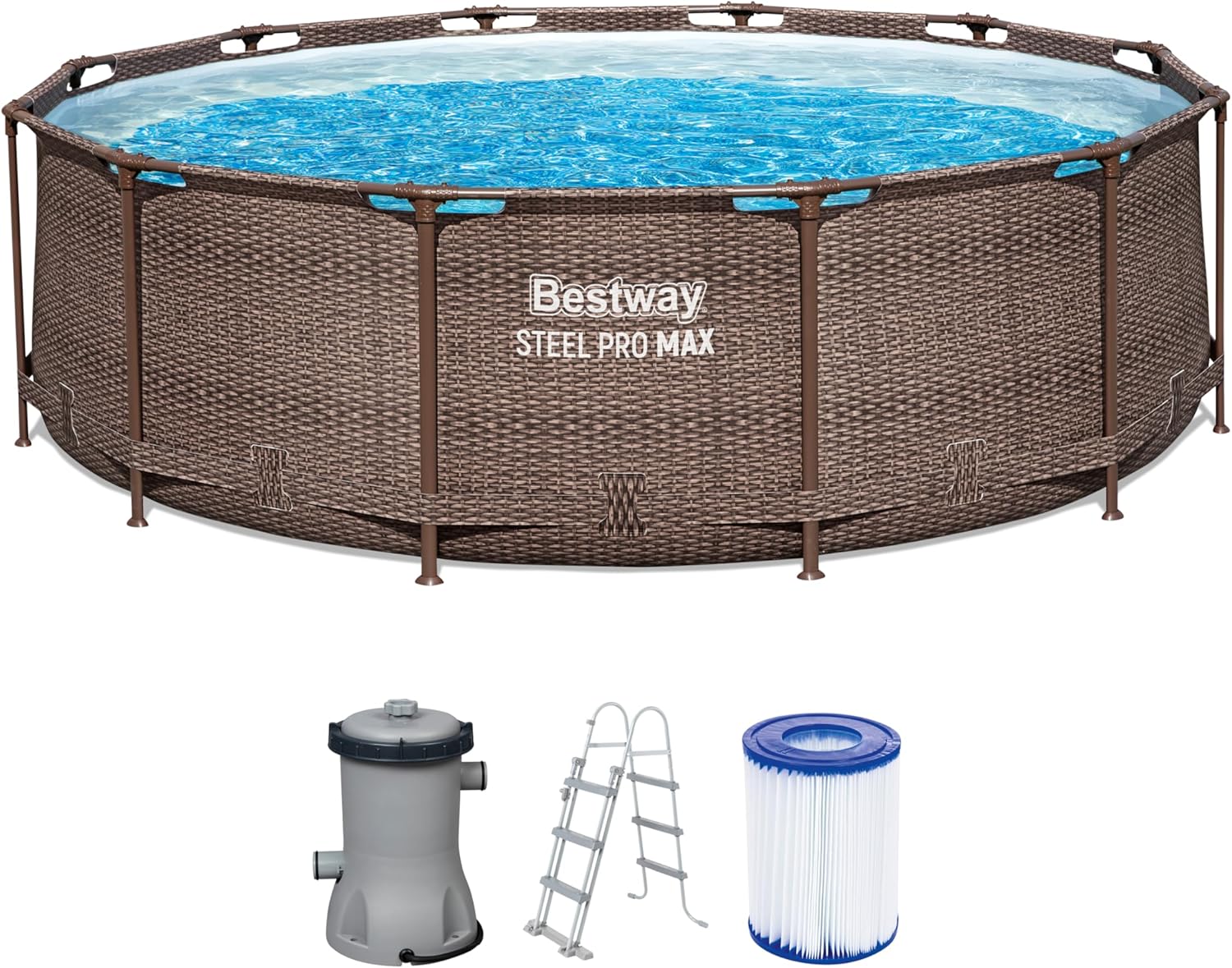 Bestway Steel Pro MAX Frame Pool-Set mit Filterpumpe Ø 366 x 100 cm, Rattan-Optik (Schokobraun), rund
